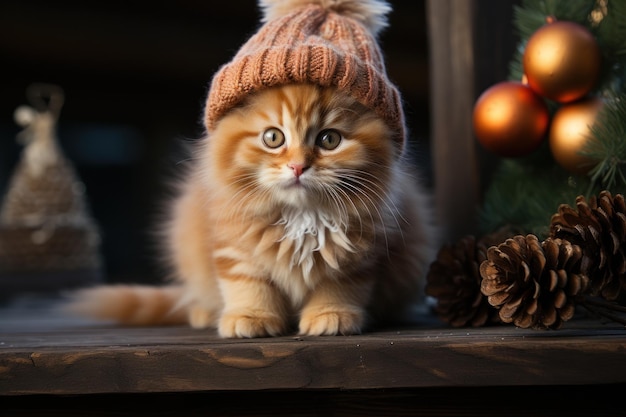 Szczęśliwy kot z świątecznym kapeluszem wśród prezentów świątecznych wygenerowanych przez sztuczną inteligencję