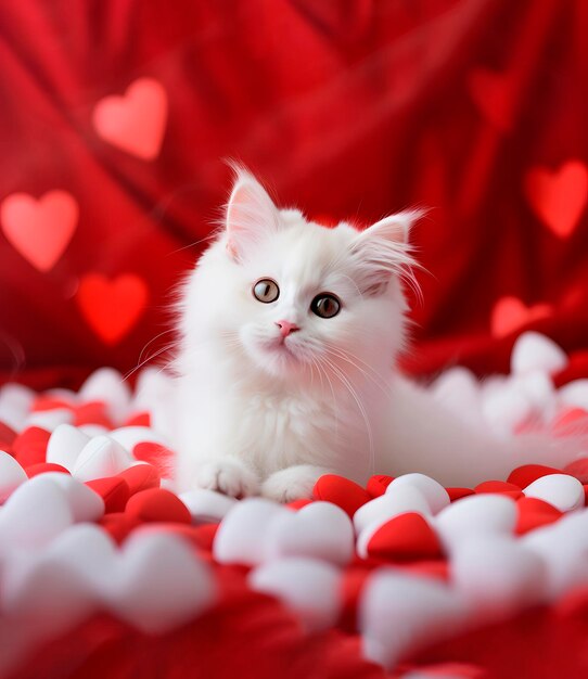 Szczęśliwy kotek przytula czerwone serce i śpi na czerwonej satynowej pościeli Koncepcja Dnia Walentynek