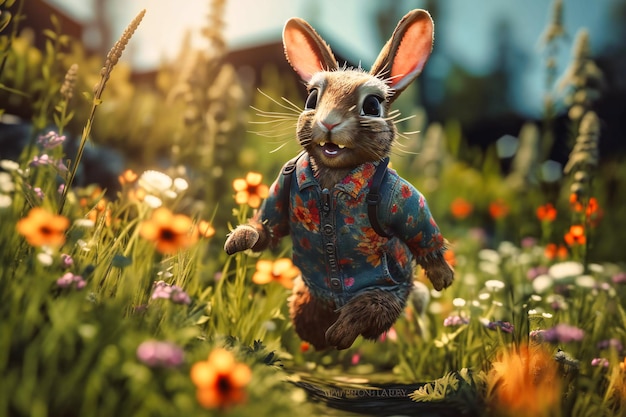 Szczęśliwy króliczek w kwiecistej letniej sukience i okularach przeciwsłonecznych skacze przez pole dzikich kwiatów, trzymając w ustach marchewkę