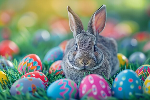 Zdjęcie szczęśliwy królik wielkanocny z wielobarwnymi jajkami wielkanocnymi