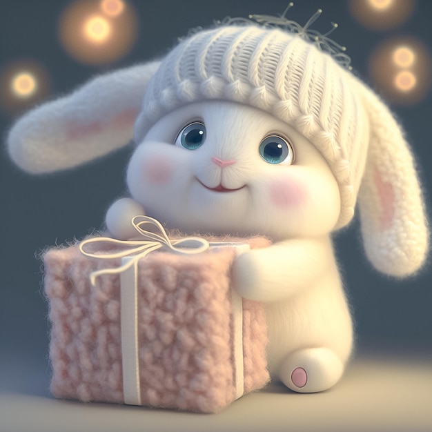 Szczęśliwy królik z dużymi oczami i pudełkiem na prezent czytający książkę wygenerowaną przez sztuczną inteligencję