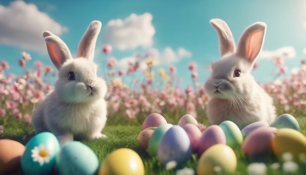 Zdjęcie szczęśliwy królik z wielkanocnymi jajkami na trawie świętowe tło do projektowania dekoracyjnego