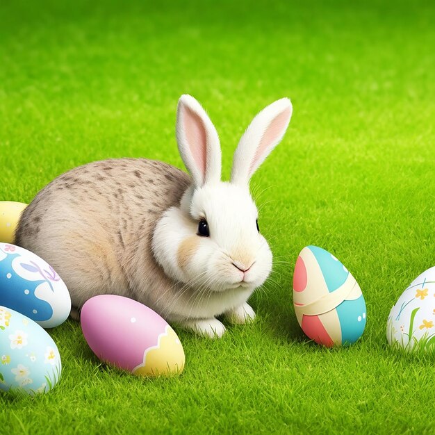 Szczęśliwy królik z wielkanocnymi jajkami na trawie