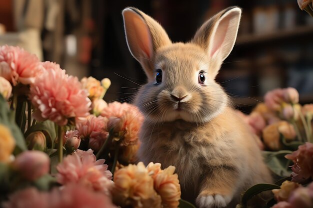 Szczęśliwy królik z wielobarwnymi jajkami wielkanocnymi Koncepcja dnia wielkanocnego z królikiem gniazdo cukierków lub kwiatów
