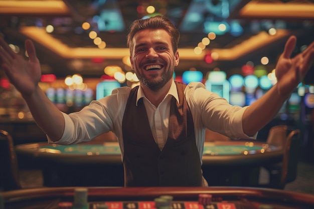 Szczęśliwy krupier ubrany w kamizelkę stoi przed stołem w kasynie, atmosfera jest wygrywana i ekscytująca.