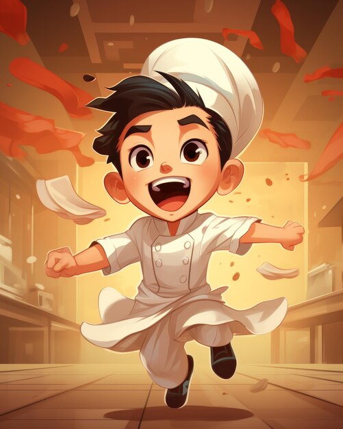 Szczęśliwy mały szef kuchni świętuje udany przepis uroczy bohater kreskówki w wesołym stylu