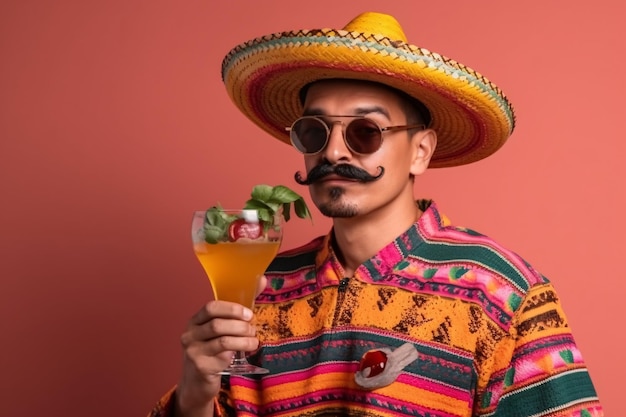 Szczęśliwy meksykański mężczyzna w sombrero i jasnym poncho z napojem izolowanym na kolorowym tle Świętując Święto Narodowe Cinco de Mayo Generative Ai