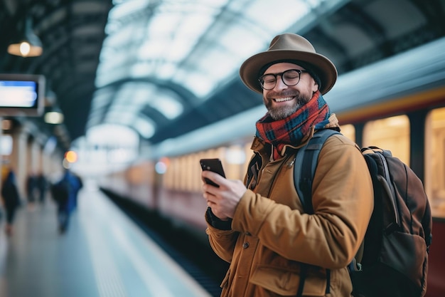 Szczęśliwy mężczyzna pisze wiadomości na smartfonie na dworcu kolejowym.