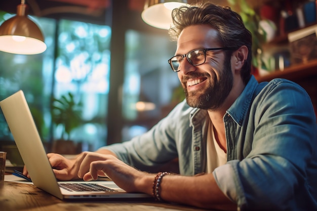 Szczęśliwy mężczyzna pracuje na laptopie w kawiarni