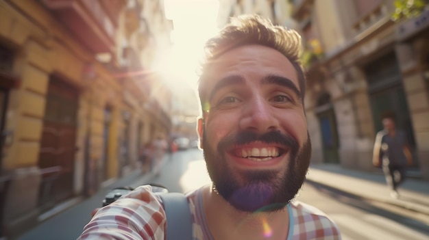 Szczęśliwy mężczyzna robiący selfie na ulicy miejskiej Mężczyzna turysta bawiący się na wakacjach letnich Generatywna sztuczna inteligencja