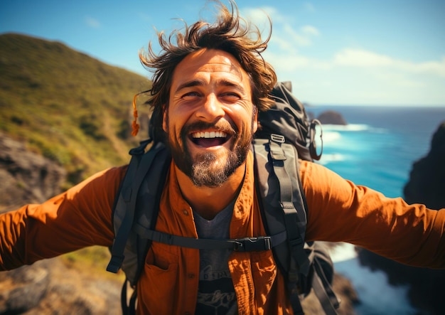 Szczęśliwy mężczyzna z brodą robi selfie w górach, turysta na szczycie góry na wędrówce.