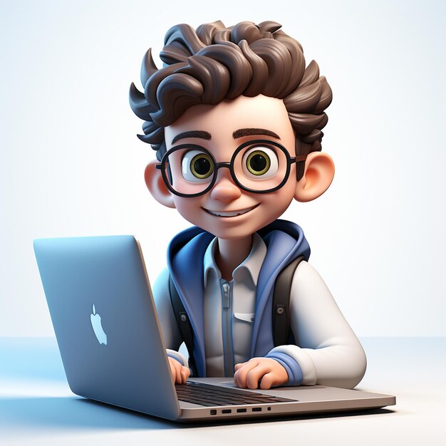 szczęśliwy mężczyzna z kreskówek 3D korzystający z lokalizacji laptopa na przezroczystym białym tle