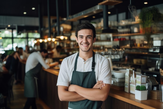 Szczęśliwy młody barista stojący przy liczniku kawiarni