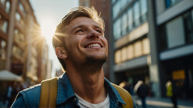 Szczęśliwy młody człowiek patrzący na niebo sam w ruchliwym mieście słońce świeci