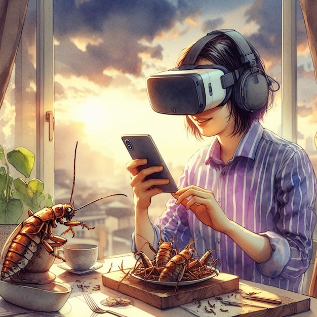 Szczęśliwy młody człowiek używa smartfona i okularów VR otoczony owadami jeść jako przekąskę w domu