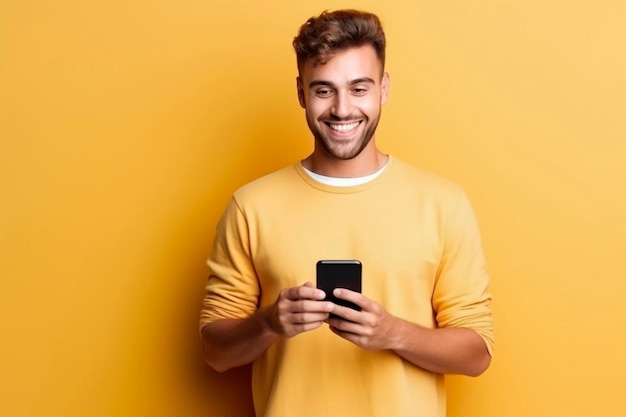 Szczęśliwy młody człowiek używający inteligentnego telefonu komórkowego do rozmów w mediach społecznościowych