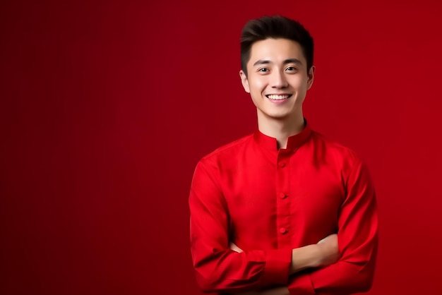 Szczęśliwy młody człowiek w chińskiej koszuli na czerwonym tle