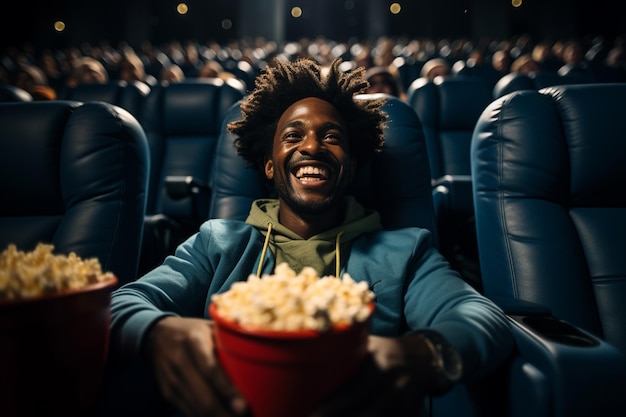 szczęśliwy młody mężczyzna w swobodnym ubraniu, siedzący w fotelu w kinie i słuchający muzyki we współczesnym filmie