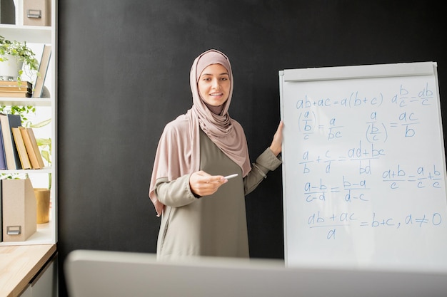 Szczęśliwy młody nauczyciel w hidżabie stojący przy tablicy z formułą algebraiczną i równaniami, wyjaśniając je przed komputerem
