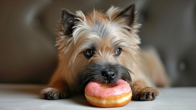 Szczęśliwy moment Cairn Terrier Pies je pączka w specjalnej fotografii strzału