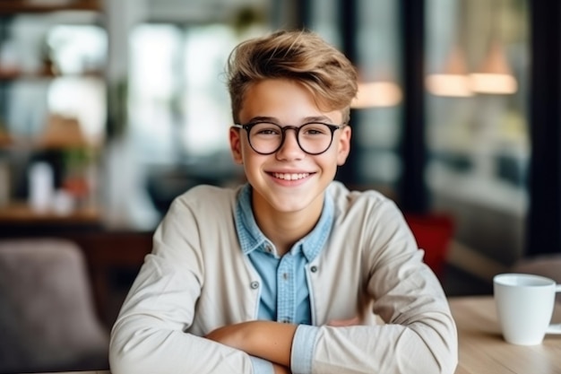 Szczęśliwy nastolatek siedzi w kawiarni po zajęciach AI Generative