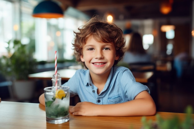 szczęśliwy nowoczesny chłopiec z szklanką świeżego soku na tle młodzieżowej restauracji i kawiarni