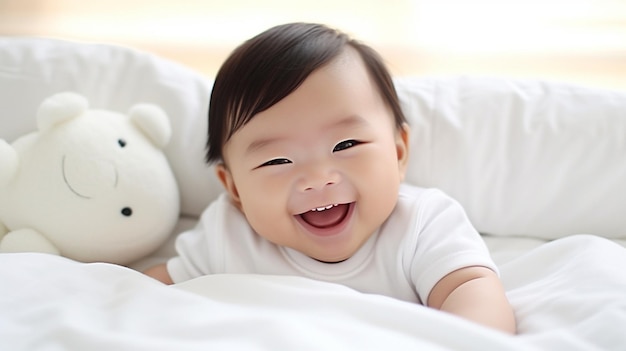 Szczęśliwy noworodek generatywny AI na łóżku w domu