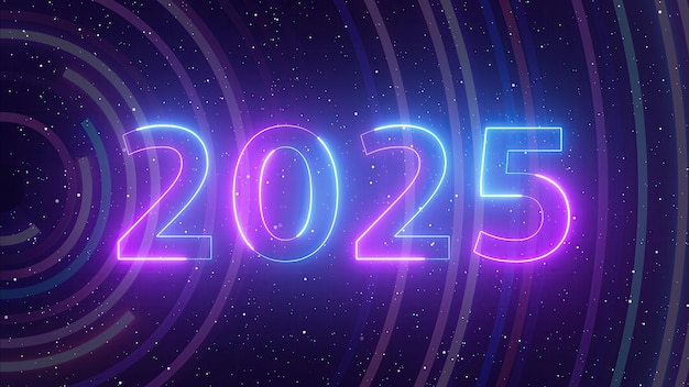 Szczęśliwy Nowy Rok 2025 Podróżując przez pola gwiezdne, światło kosmiczne świeci, mgławica kosmiczna porusza się wraz z gwiazdami, mgła kosmiczna, wideo, linie neonowe galaktyki z kolorowymi, świecącymi śladami prędkości, pojawiają się kręgi ślizgowe.