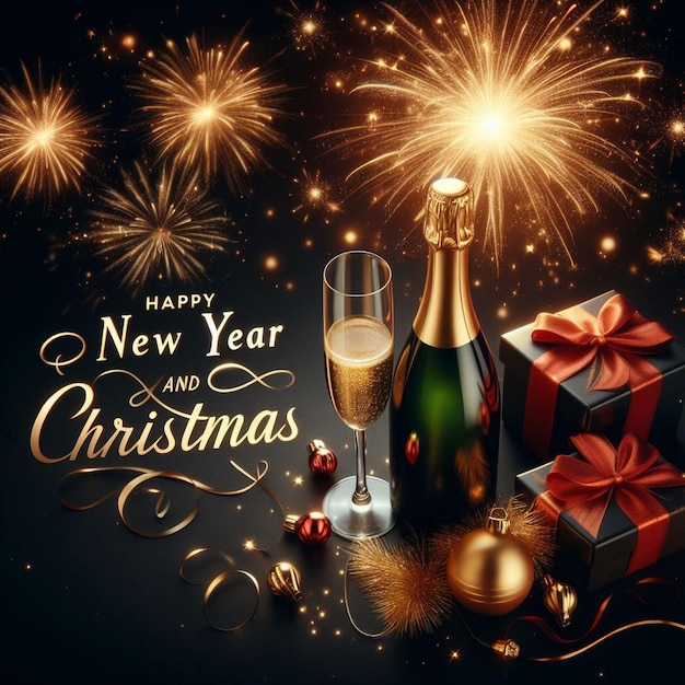 Szczęśliwy Nowy Rok i Boże Narodzenie zdjęcia tła butelka szampana piękny prezent bożonarodzeniowy
