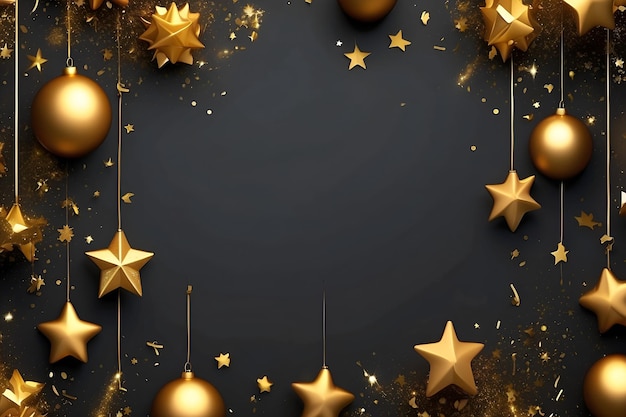 Zdjęcie szczęśliwy nowy rok na tle z złotymi gwiazdkami i dekoracjami