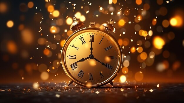 Zdjęcie szczęśliwy nowy rok, odliczanie, zegar, fajerwerki, światła i efekt bokeh, złoty zegar.