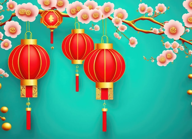 Szczęśliwy Nowy Rok w chińskim stylu sztuki papieru z eleganckimi kwiatami i wiszącymi latarniami