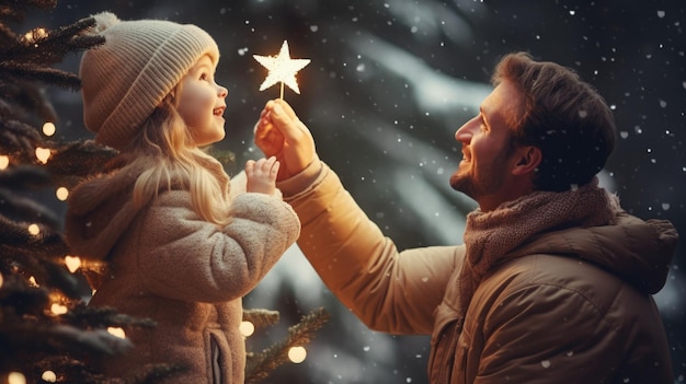 szczęśliwy ojciec i córka dekorują choinkę gwiazdą w nocy