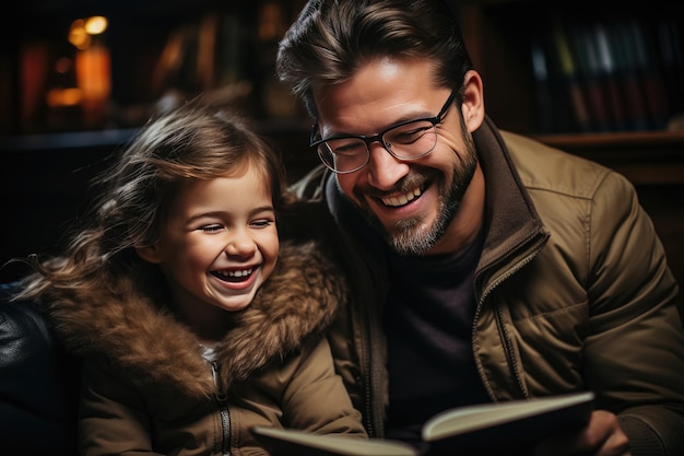 Szczęśliwy ojciec i dziecko czytają książkę i uśmiechają się razem w domu Czytając historię, siedząc na kanapie w domu Utworzono przy użyciu generatywnej sztucznej inteligencji