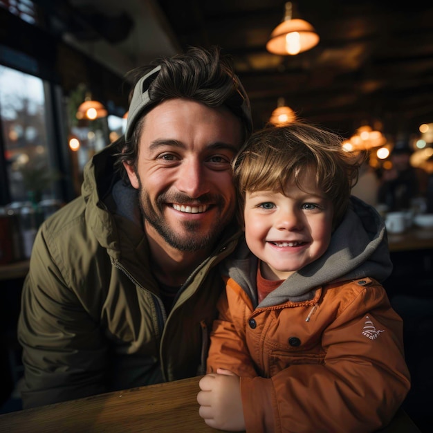 szczęśliwy ojciec i syn w kawiarni Wygenerowane przez AI
