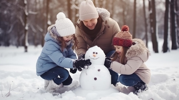 Zdjęcie szczęśliwy ojciec, matka i dzieci rzeźbią zabawne śnieżki.