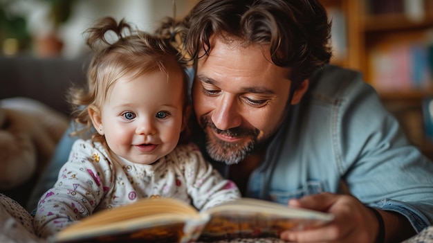 Szczęśliwy ojciec odpoczywa i czyta książkę z dzieckiem czas razem w domu