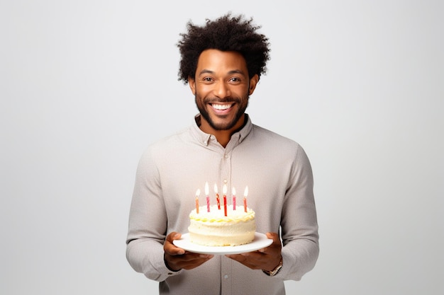 Szczęśliwy, piękny Afroamerykanin trzymający tort urodzinowy ze świeczkami odizolowanymi na czysto