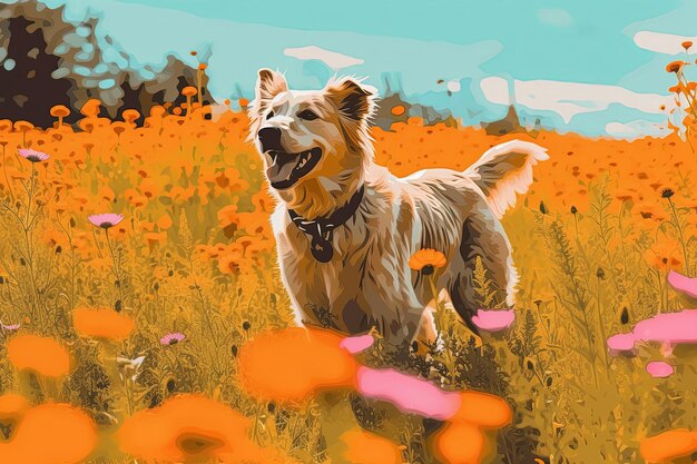 Szczęśliwy pies biegnący przez pole kwiatowe Styl pop-artu Generatywna sztuczna inteligencja