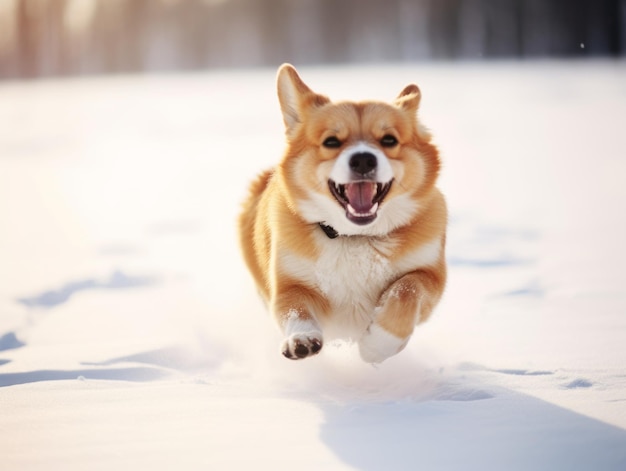 Szczęśliwy pies biegnie po śniegu.