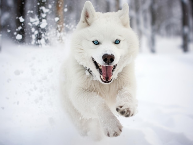 Szczęśliwy pies biegnie po śniegu.