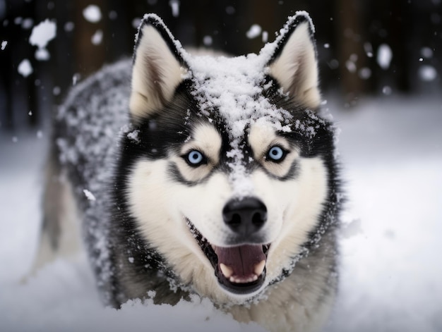 Zdjęcie szczęśliwy pies biegnie po śniegu.