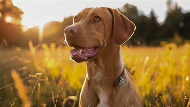 Szczęśliwy pies cieszy się słonecznym dniem na świeżym powietrzu w Golden Field Zwierzęta domowe rekreacja Natura Tło Zwierzę radość