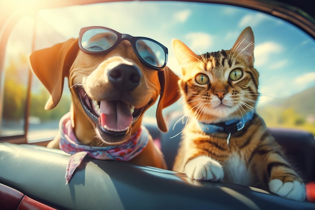 Szczęśliwy pies i kot razem w podróży. Generative Autor: Ai
