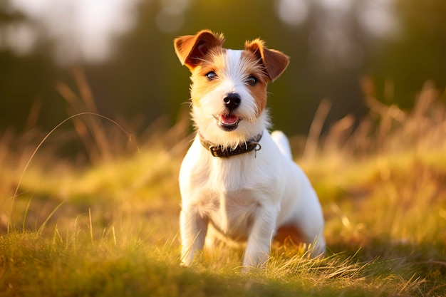 Szczęśliwy pies jack russell terrier czekający na słuchanie w trawie