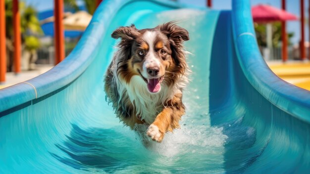 szczęśliwy pies jeździ na zjeżdżalni w długim parku wodnym Generacyjna AI