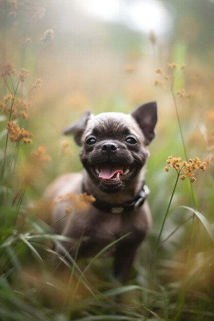Szczęśliwy pies na łące z żółtymi kwiatami
