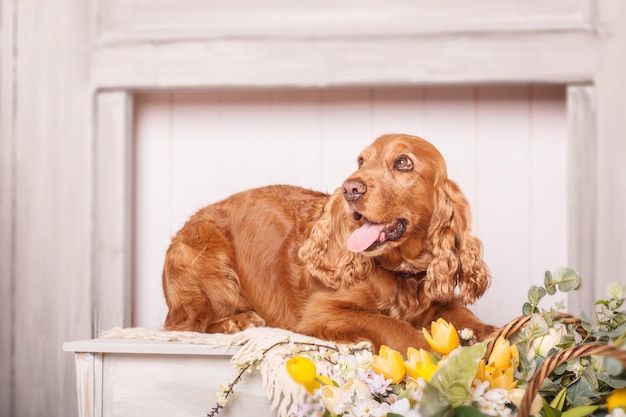 Szczęśliwy pies rasy Cocker Spaniel angielski z kwiatami