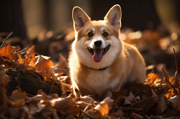 Szczęśliwy pies rasy welsh corgi pembroke na spacerze w jesiennym lesie
