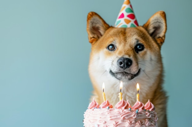 Szczęśliwy pies Shiba Inu z tortem urodzinowym i świecami na niebieskim tle